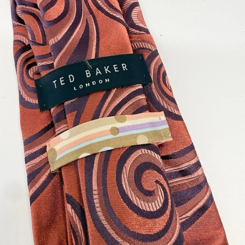 Ted Baker Orange Purple Swirl Paisley Print 100% Silk Neck Tie